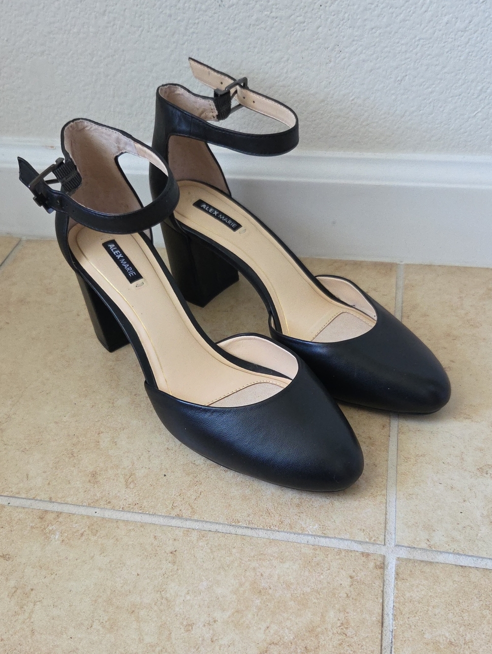 Alex Marie Leather Upper Black Ankle-Strap Block 3" Heel Pumps  Sz 9M Classic